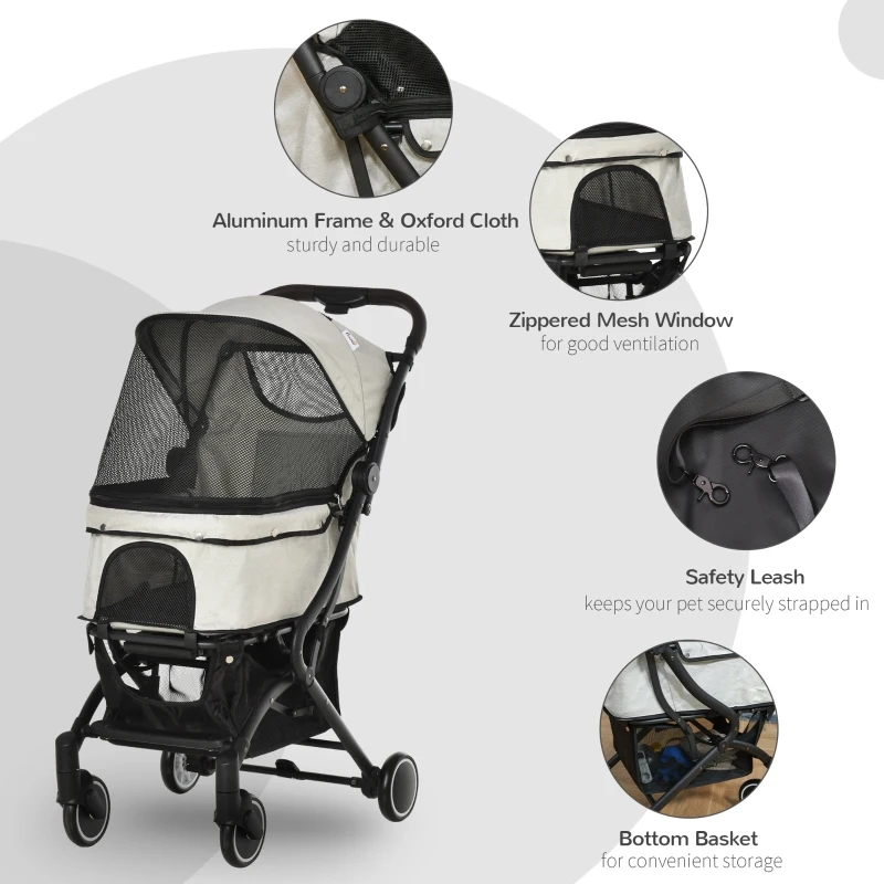 PawHut Travel Pet Stroller for Dogs, Cats, One-Click Fold Jogger Pushchair with Aluminum Frame, EVA Wheels, Brakes, Basket Storage, Safety Belts, Adjustable Canopy, Zippered Mesh Window Door, Beige