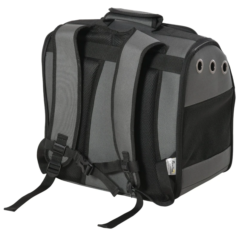 PawHut Foldable Pet Carrier Backpack with Two Storage Packets, Breathable Mesh, Transparent Window & Adjustable Shoulder Strap for Small Cats & Dogs Travel Hiking, Grey