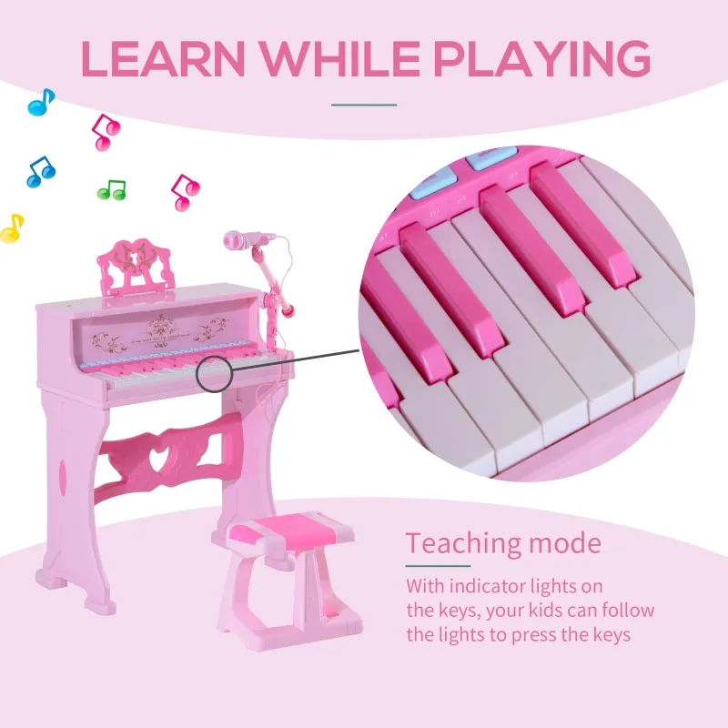 Qaba 37-Key Kids Princess Electronic Piano Toddler Toy Keyboard with Stool, MP3, Record, Light and Microphone for 3 years+, Pink