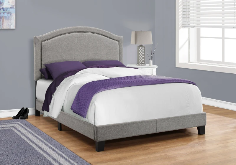 Monarch Full Size Contemporary Upholstered Bed Frame with Chrome Nail Head Trim and Wood Legs - Grey Linen Look