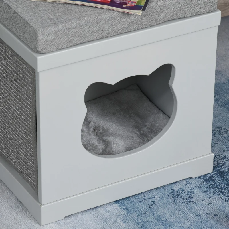 PawHut Wooden Cat Bed Cube House with Soft Padded Cushions, 2 Exterior Scratching Boards, & Interior Space, Grey