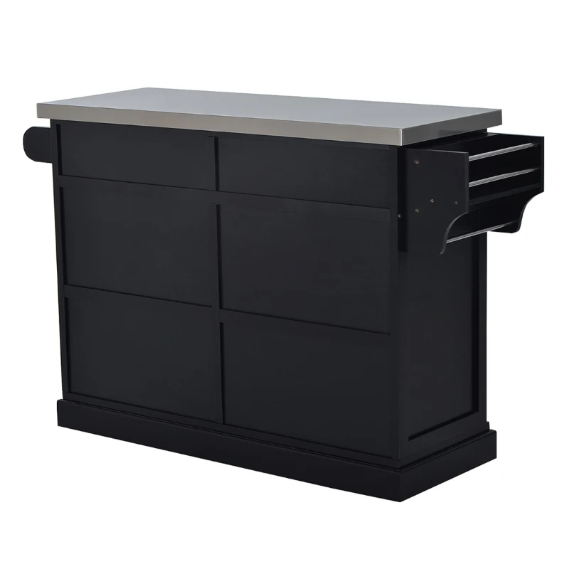 HOMCOM Rolling Kitchen Island with Storage, Portable Kitchen Cart with Stainless Steel Top, 2 Drawers, Spice, Knife and Towel Rack and Cabinets, Black