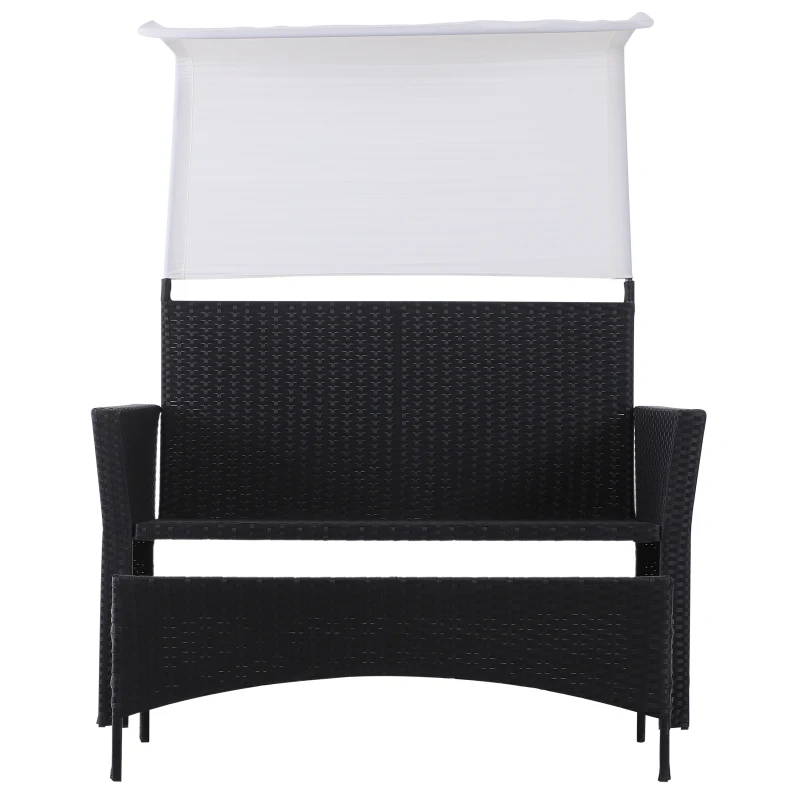 Outsunny 2 Piece Rattan Wicker Outdoor Loveseat with Sunshade Canopy and Nesting Ottoman Footrest - Black