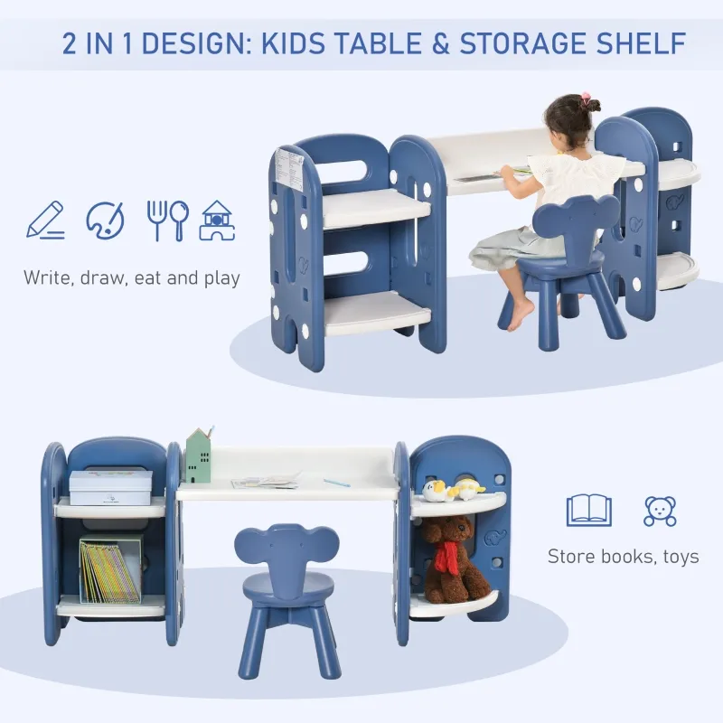 Qaba Kids Table and Chair Set, Activity Desk with Bookshelf & Storage for Study, Activities, Arts, or Crafts, Blue and White