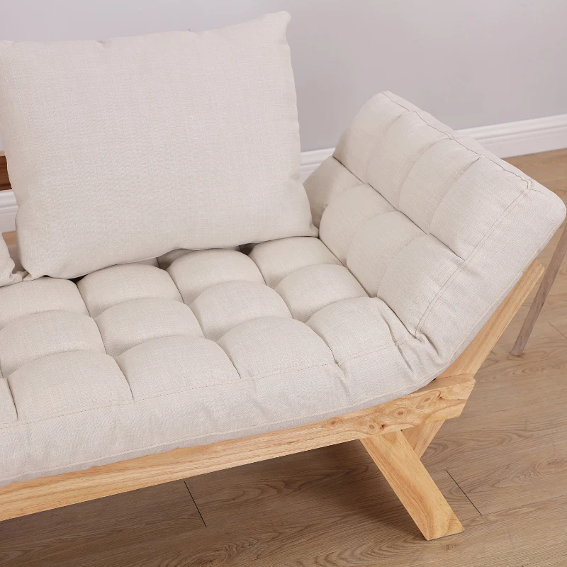 HomCom 3 Position Convertible Chaise Lounge Sofa Bed - Natural Wood/ Cream White