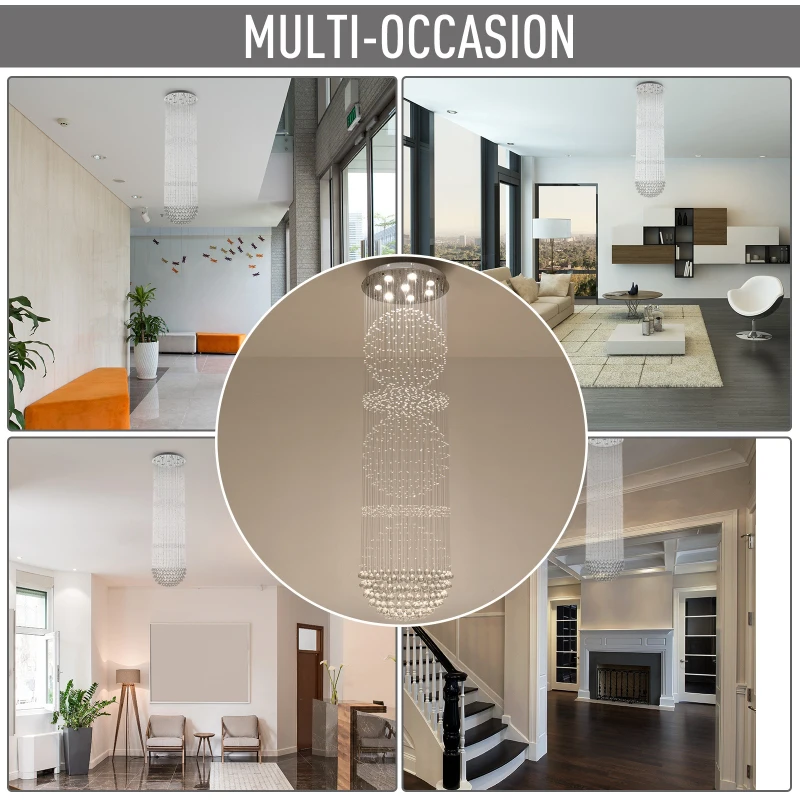 HOMCOM K9 Crystal Glass Fixture Raindrop Chandelier with Stainless Steel Board GU10 Bulb Compatible