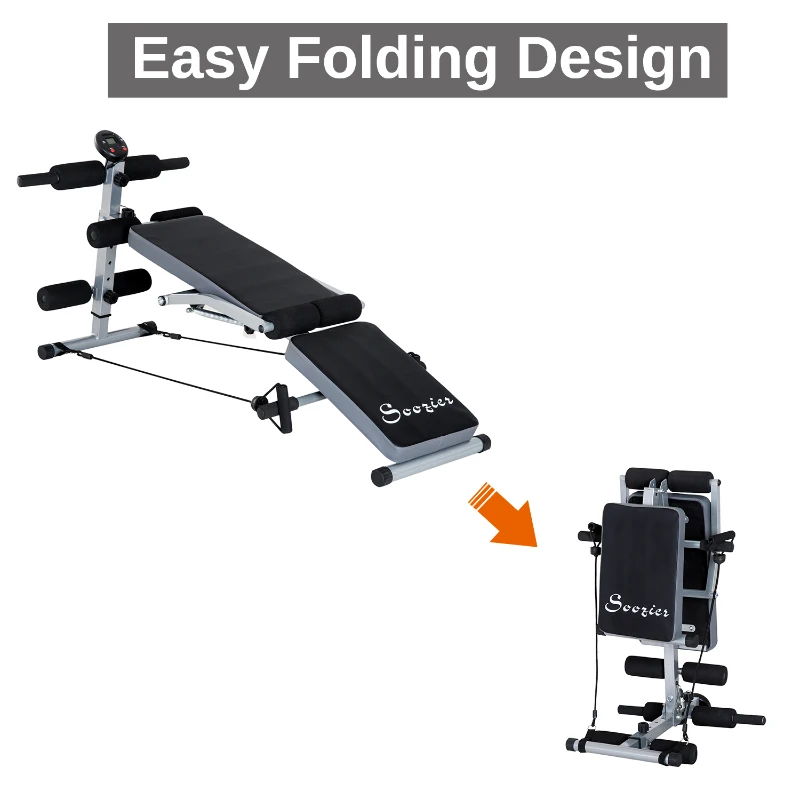 Soozier Steel Height Adjustable Multi-Position Abdominal Sit-Up Home Gym Bench with LCD Monitor and Resistance Bands