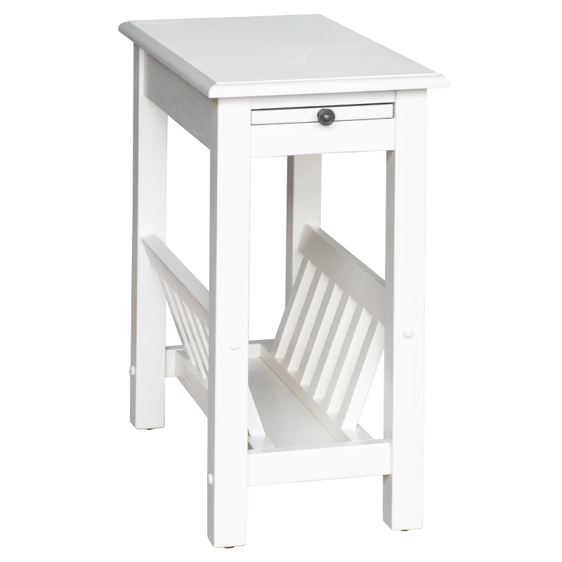 HomCom Modern 2-Tier Acacia Wood End Table Side Desk with Cup Holder and Lower Shelf - White