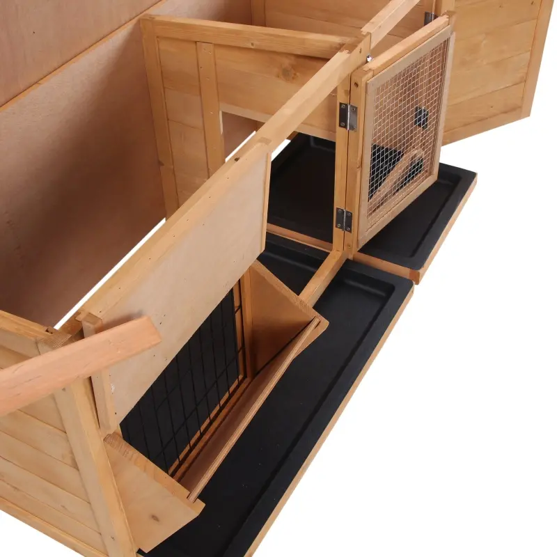 PawHut Large Bunny Hutch, Rabbit Cage with 2 Outside Areas and 1 Main House for Small Animals, Yellow