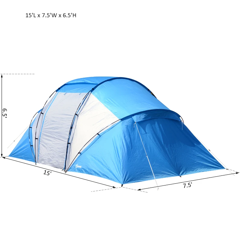 Outsunny 15' x 7.5' Taffeta/ Fiberglass 4-6 Person Lightweight Portable Outdoor Camping Tent with Carry Bag Spacious - Blue/White
