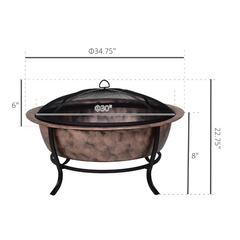 Outsunny 35" Outdoor Fire Pits, Wood Burning Camping Fire Pit, Black Rustic Cauldron Style Steel Firepit Bowl w/ Log Poker and Mesh Screen Enclosure for Ember Protection