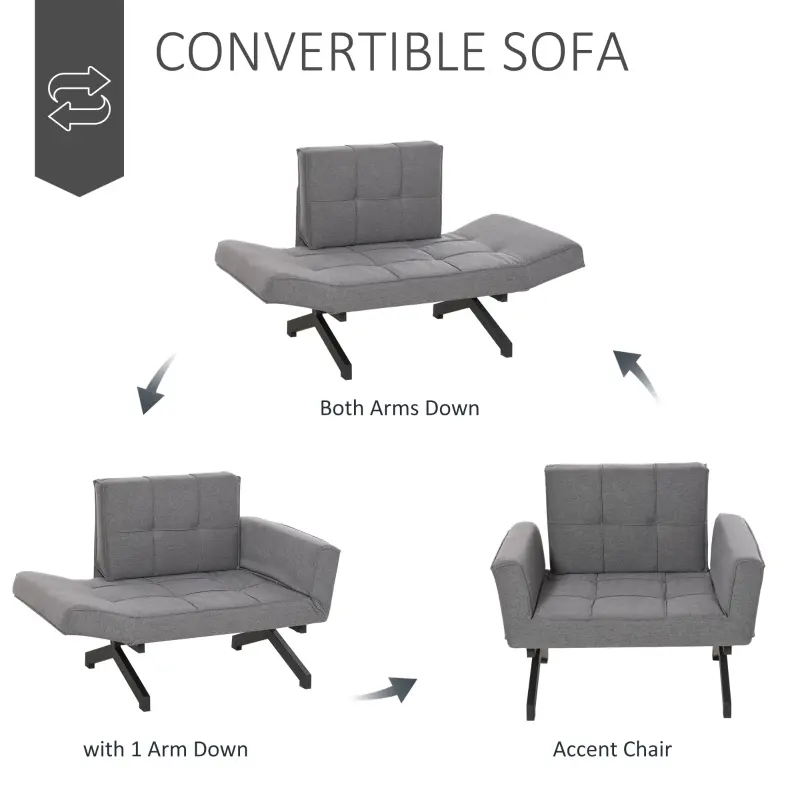 HOMCOM Convertible Accent Chair Single Sofa with Upholstered Fabric Cushion and Steel Legs for Compact Living Room, Grey