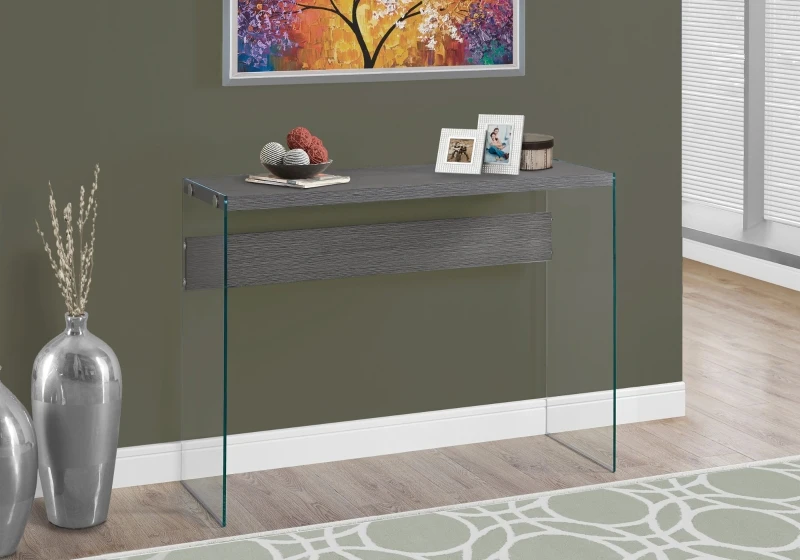 Monarch 44" Contemporary Wood Grain-Look Top Tempered Glass Base Accent Hall Console Sofa Table - Grey Finish