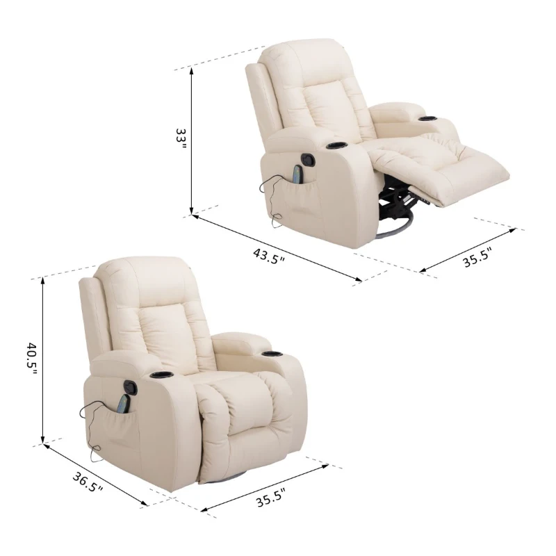 HOMCOM Luxury Faux Leather Heated Vibrating 8 Point Massage Recliner Chair with 360 Swivel and Remote, Cream White