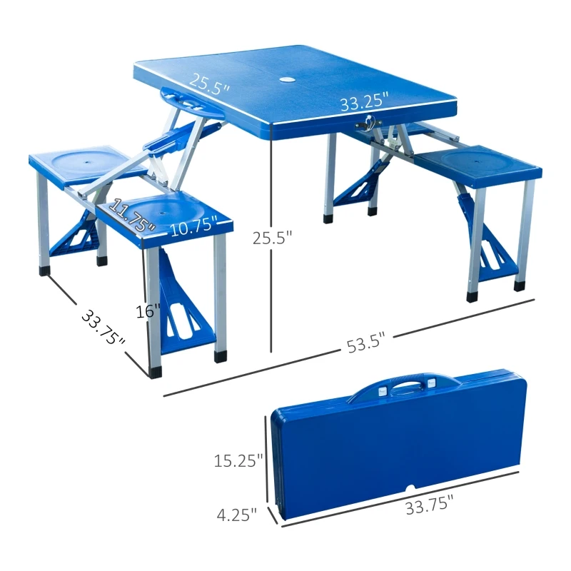 Outsunny 53" Camping Table and Chairs, Foldable with 4 seat Plastic Portable Compact Suitcase, Camping Table Set with Umbrella Hole, Blue