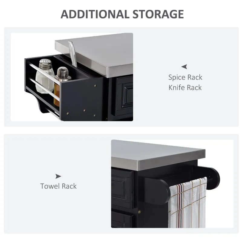 HOMCOM Rolling Kitchen Island with Storage, Portable Kitchen Cart with Stainless Steel Top, 2 Drawers, Spice, Knife and Towel Rack and Cabinets, Black