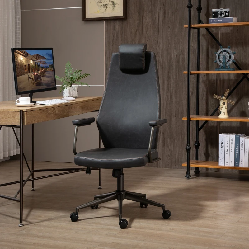 Vinsetto High-Back Executive Office Chair, Ergonomic Leather Computer Desk Chair with Adjustable Height, Removable Headrest and 360 Swivel Wheels, Deep Grey