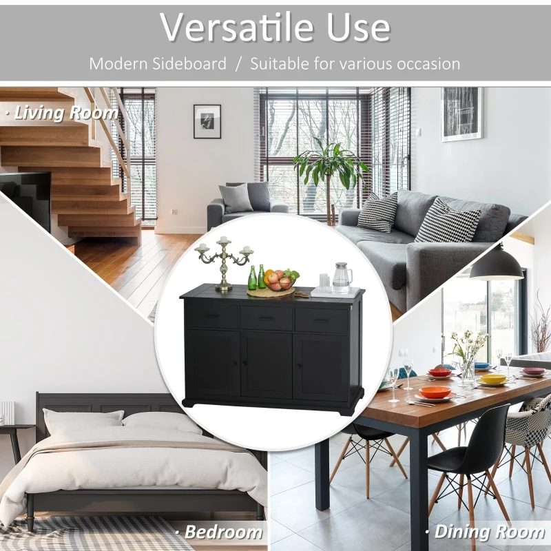 HOMCOM Buffet Storage Cabinet for Kitchen Entryway with 2 Cabinets and 3 Drawers, Adjustable Shelves, Black