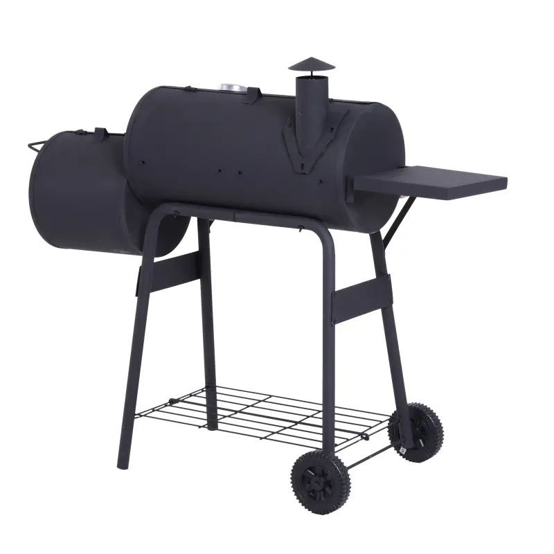Outsunny Charcoal BBQ, Portable Grill with Wheels, All-in-One Grill, Side vent, Two Shelves and Metal Grating, Lit-Mounted Thermometer, Wooden Handle, for Outdoor Cooking, Black