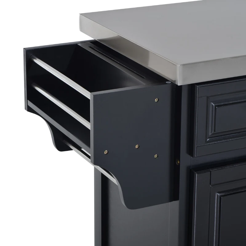 HOMCOM Rolling Kitchen Island with Storage, Portable Kitchen Cart with Stainless Steel Top, 2 Drawers, Spice, Knife and Towel Rack and Cabinets, Black