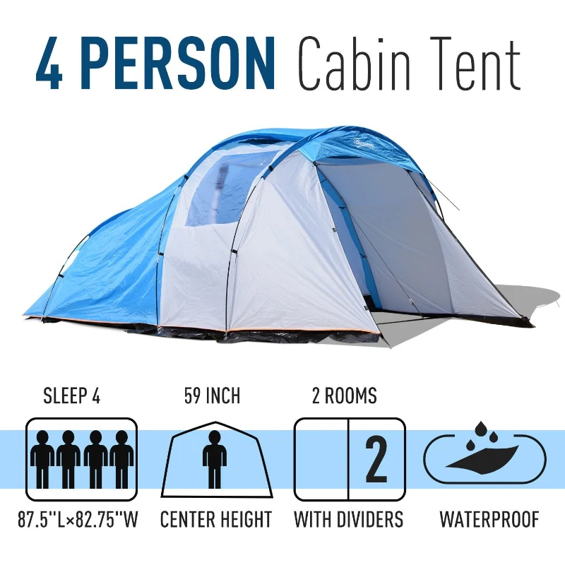 Outsunny 2-4 Person Waterproof Folding Family Camping Tent Outdoor Hiking Sleeping Dome Shelter w/ Front Porch