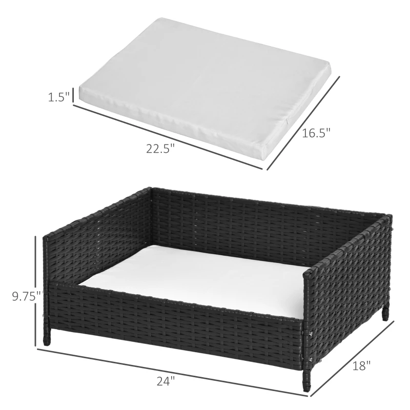 PawHut Rattan Pet Bed Raised Wicker Dog House Small animal Sofa Indoor & Outdoor with Soft Washable Cushion Black