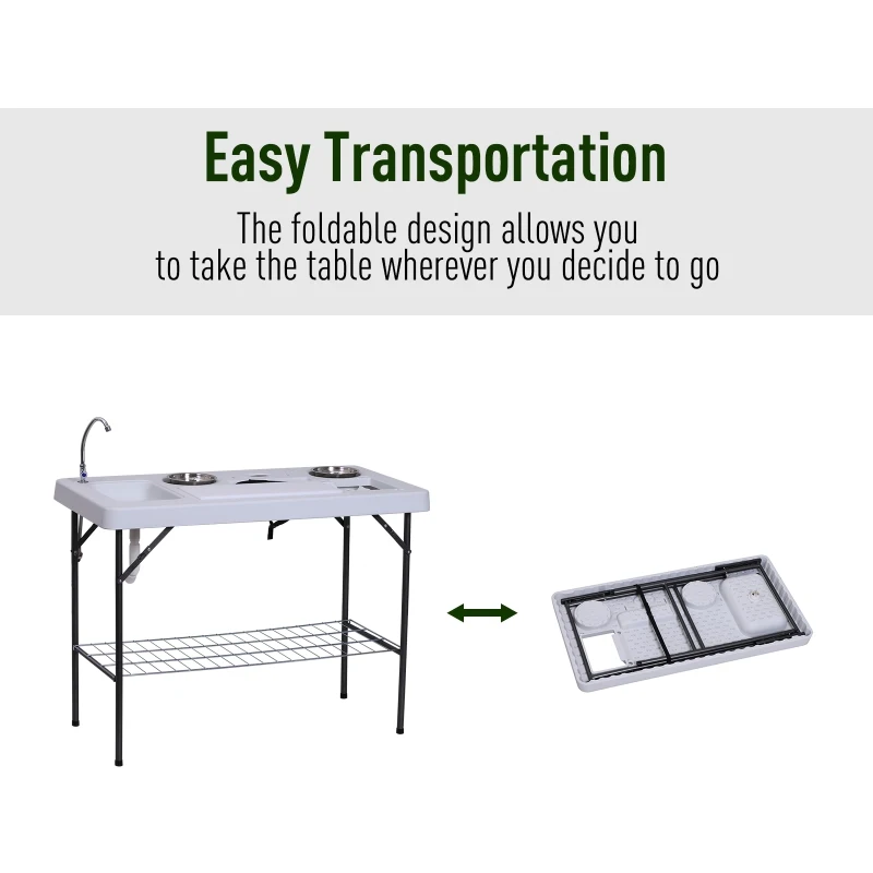 Outsunny 50" Portable Folding Camping Table with Sink, Faucet, Dual Stainless Steel Basins, and Accessories for Fish Cleaning