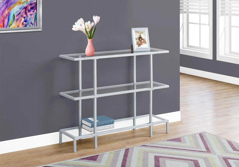 Monarch 42" Contemporary Tempered Glass Top 3-Tier Metal Framed Accent Console Table - Silver Finish