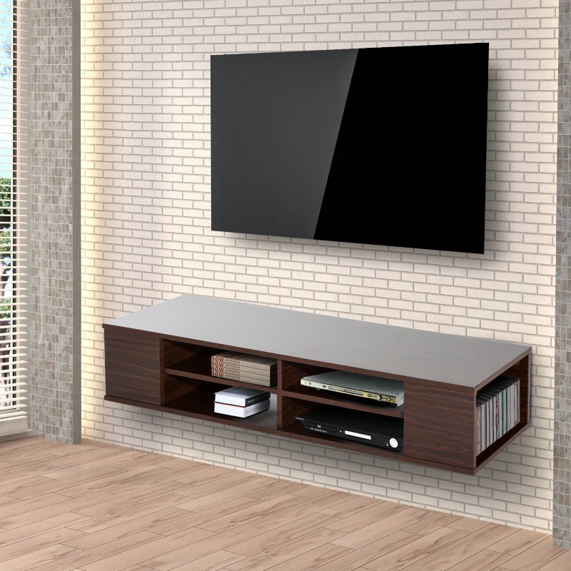 HomCom 48” Modern Wooden Floating Media Center Shelf Unit - Brown Woodgrain