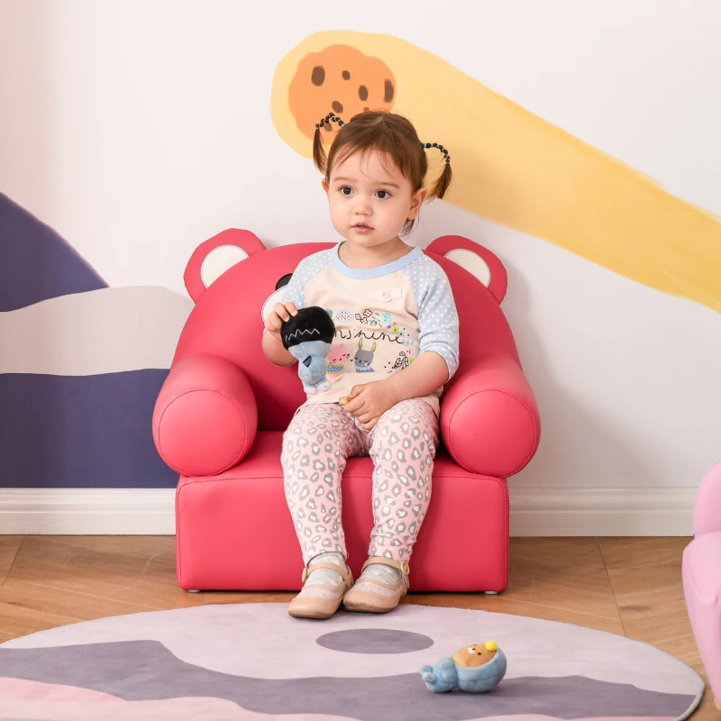 Qaba Mini Kids Sofa with Bear Design and Ergonomic Backrest, Small & Lightweight Armchair for Art, Homework, & Reading, with Easy to Clean Surface, Rose Red