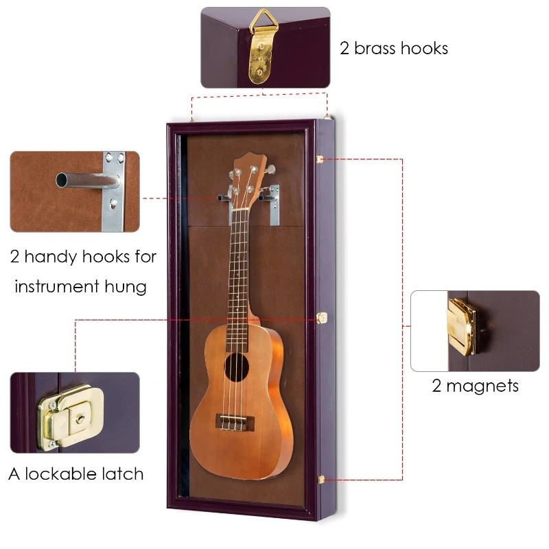 HomCom Wall Mounted Lockable Guitar Security Shadow Box Display Case - Brown