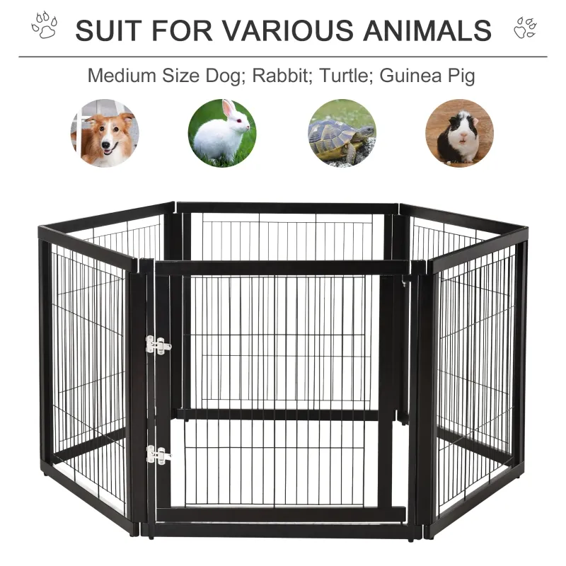 PawHut Transformable Pet Playpen 6 Freestanding Panels Gate Fireplace Christmas Tree Fence Stair Barrier Room Divider with Walk Through Door Wooden Frame Metal Mesh Black 63'' x 54.5'' x 31.5''