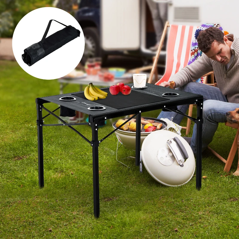 Outsunny Outdoor Folding Camping Table with Cup Holders - Black
