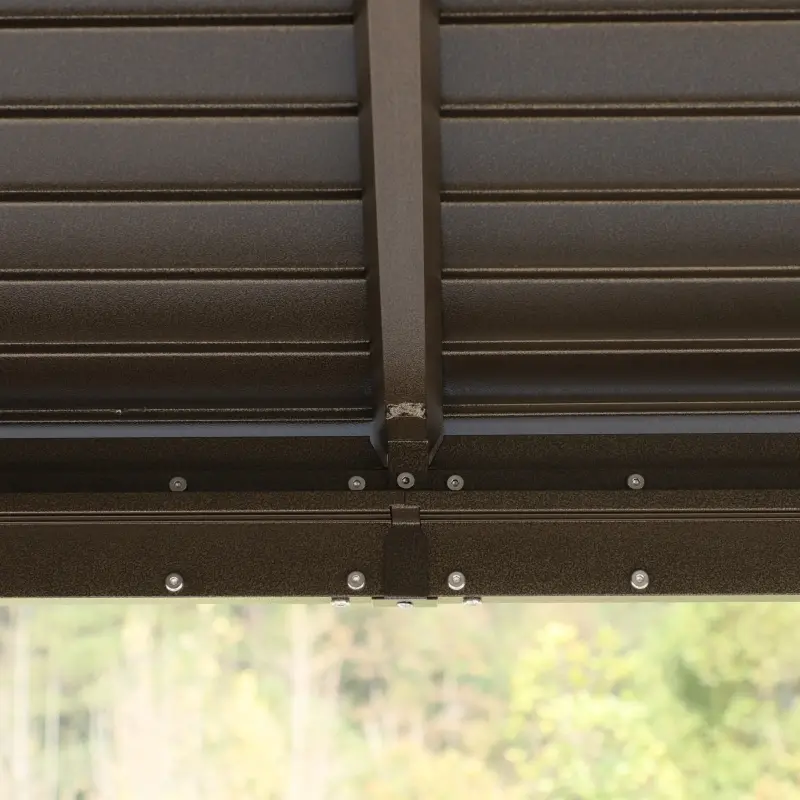 Outsunny 10' x 12' Hardtop Gazebo with Curtains and Netting, Permanent Pavilion Metal Roof Gazebo Canopy with Aluminum Frame and Top Hook, for Garden, Patio, Deck, Backyard, Brown