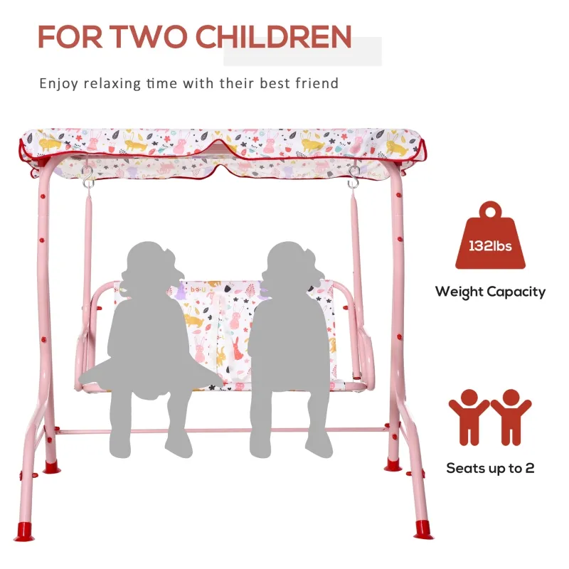 Outsunny Kids Porch Swing, Outdoor 2-Seat Patio Chair, Toddler Glider with Adjustable Canopy, Seat Belt for Garden Backyard Rabbit Pattern