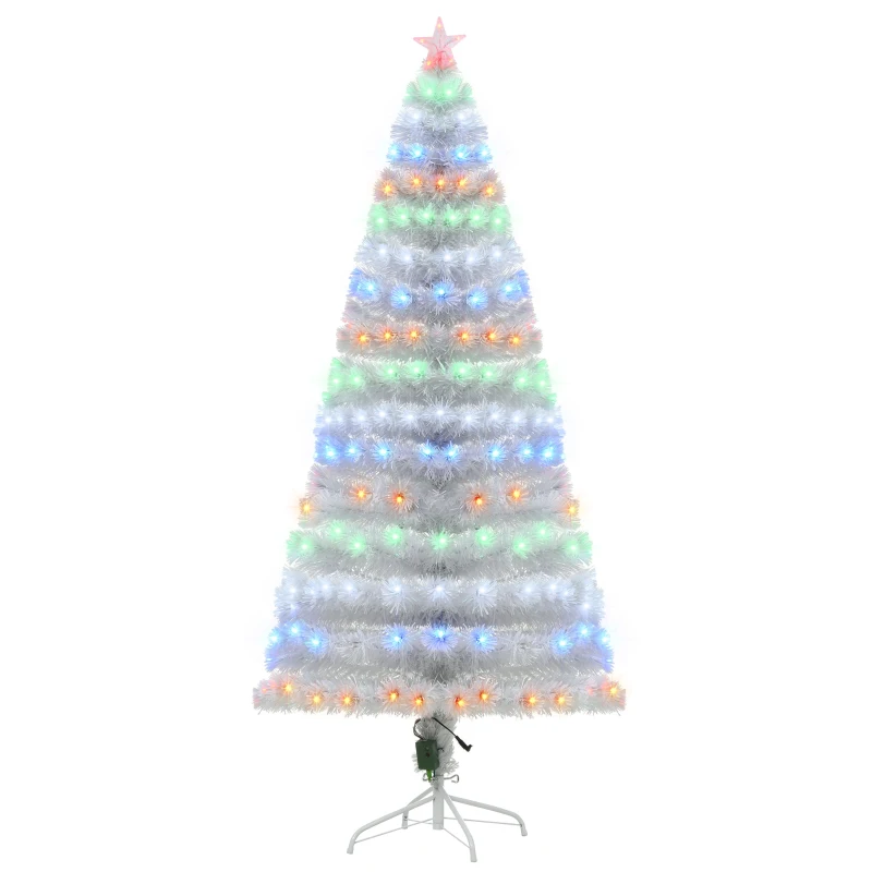 HOMCOM 6ft Tall Fir Artificial Christmas Tree with Realistic Branches, 230 Multi-Color Fiber Optic LED Lights and 230 Tips, White