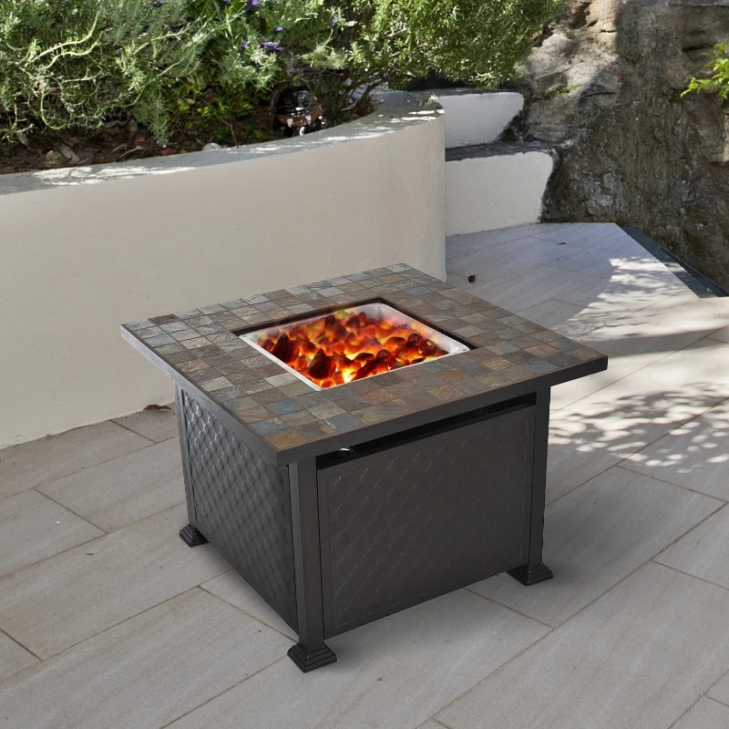 Outsunny 45" Square Slate Tile Mantel LP Gas Fire Pit Table