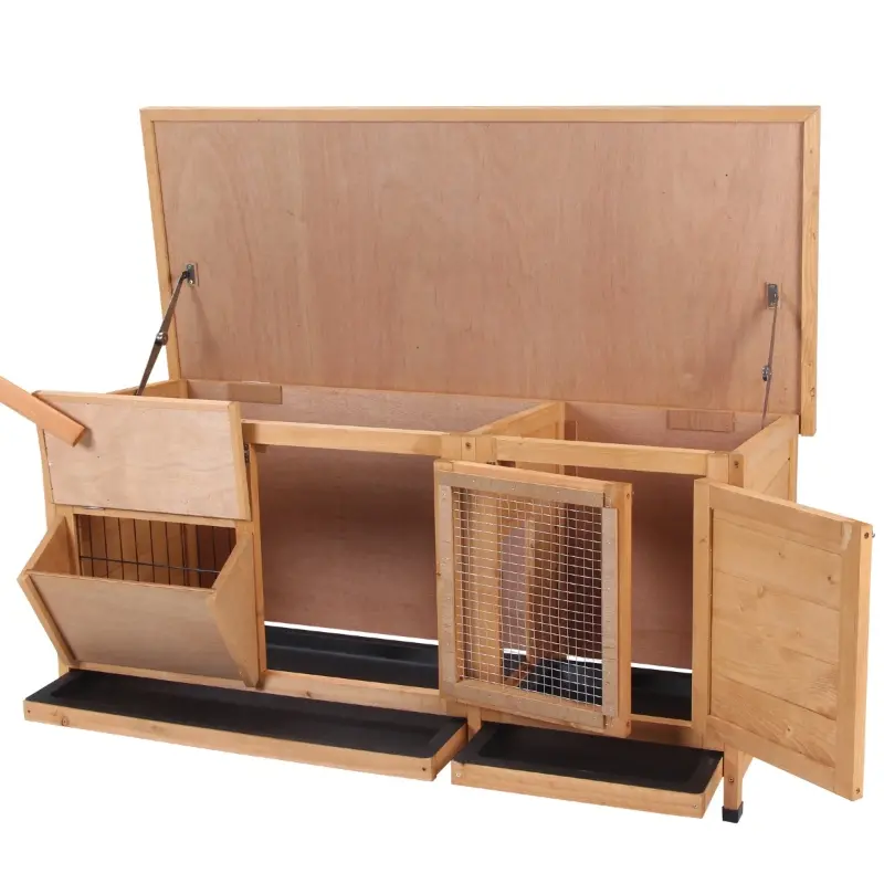 PawHut Large Bunny Hutch, Rabbit Cage with 2 Outside Areas and 1 Main House for Small Animals, Yellow