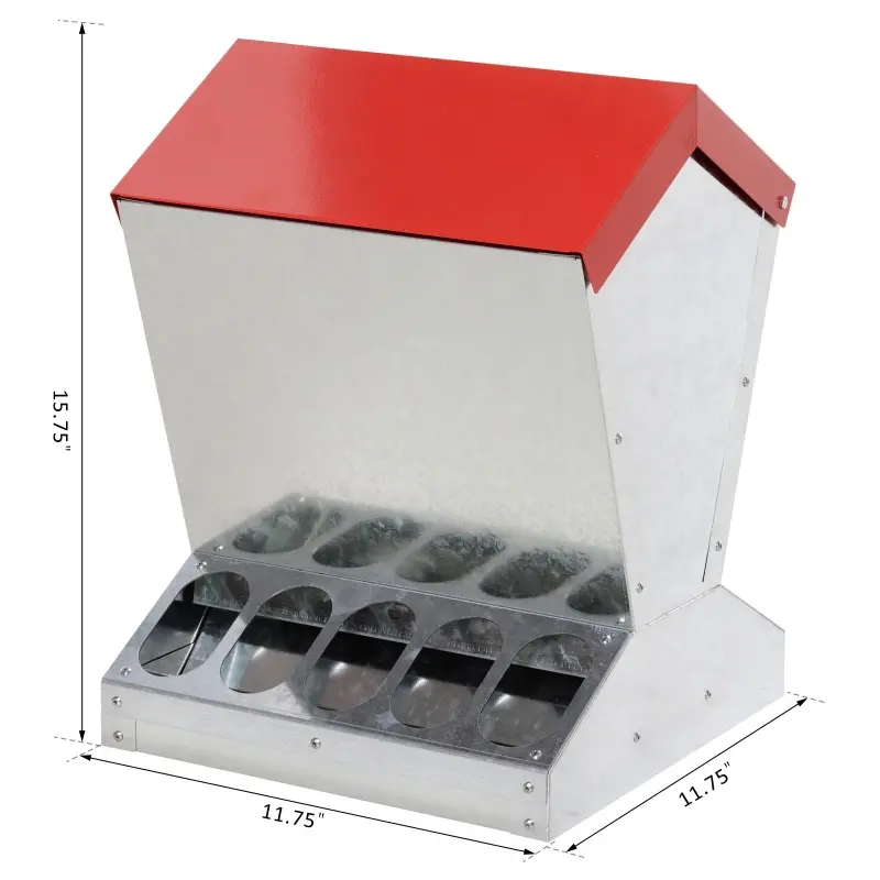 PawHut Rat Proof Auto Large Chicken Feeder Against any Other Animals Galvanized Steel Poultry Feeders Size for 10 Chickens Holds up to 10 L of Feeds Silver/Red