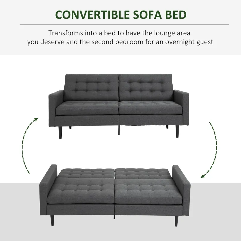 HOMCOM Linen Fabric Convertible Sofa Bed with Button Tufted Back Design, Adjustable Angles and Wood Legs, Grey