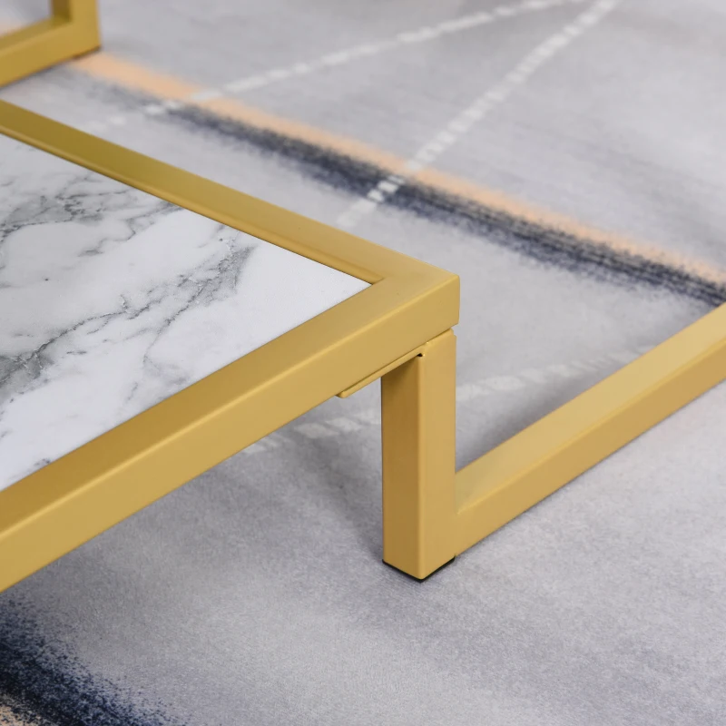 HOMCOM Minimalist Art Deco Coffee Table with Laminate Marble Print Table Top & Underneath Storage Shelf, White & Gold