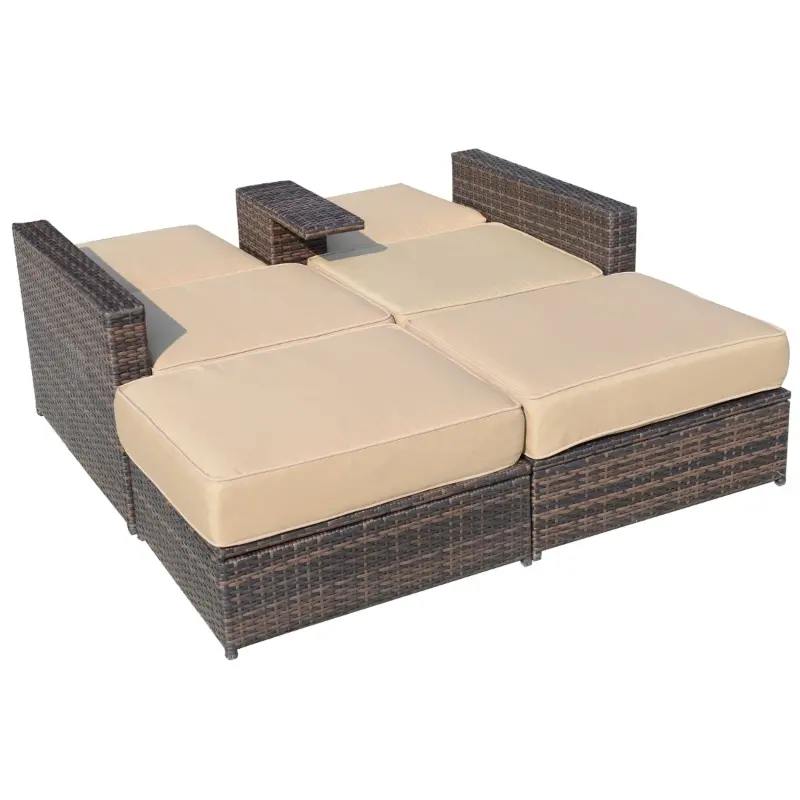 Outsunny Outdoor Patio Loveseat Set, 3 Piece PE Wicker Furniture with 2 Seats, Built-in Table, 2 Ottoman Storage Bins, All-Weather Reclining Lounge, Cushions, Brown