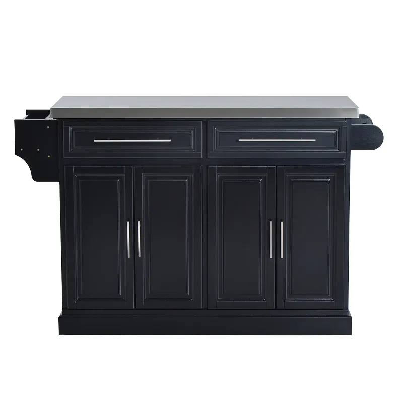HOMCOM Rolling Kitchen Island with Storage, Portable Kitchen Cart with Stainless Steel Top, 2 Drawers, Spice, Knife and Towel Rack and Cabinets, Black