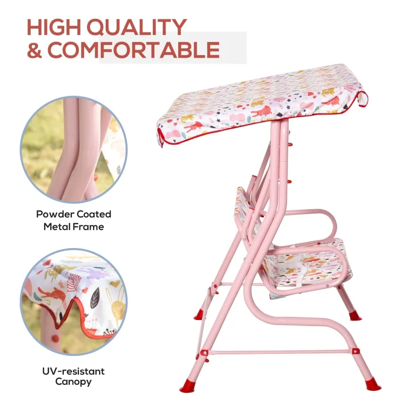 Outsunny Kids Porch Swing, Outdoor 2-Seat Patio Chair, Toddler Glider with Adjustable Canopy, Seat Belt for Garden Backyard Rabbit Pattern