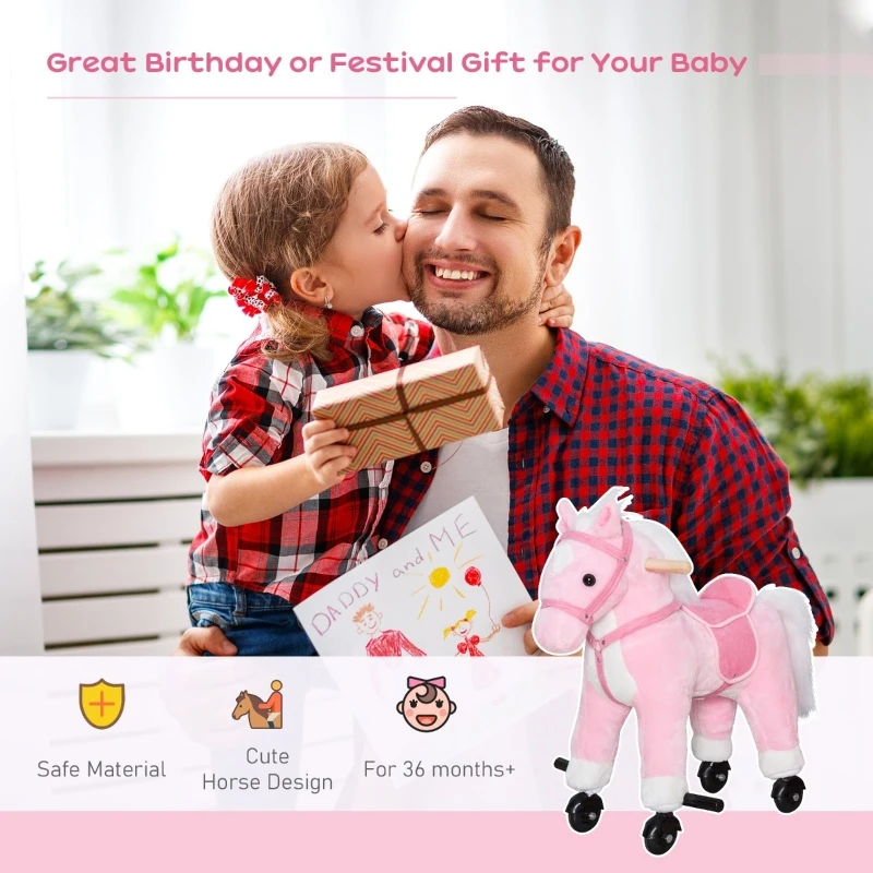 Qaba Kids Ride on Walking Horse Pony Plush Walking Animal with Wheels and Realistic Sounds for 3 Years Old Children - Pink