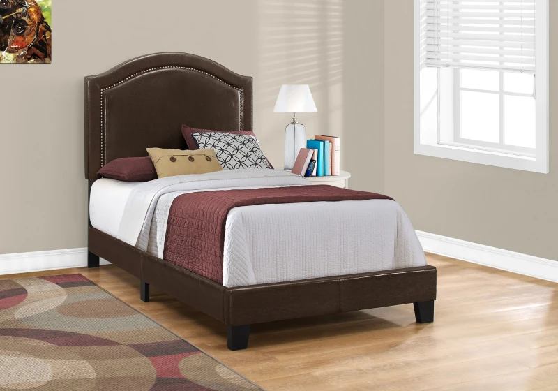 Monarch Twin Size Contemporary Upholstered Bed Frame with Brass Nail Head Trim and Wood Legs - Brown Leather Look