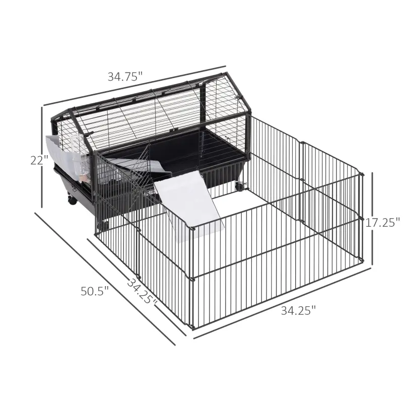 PawHut Rolling Metal Rabbit, Guinea Pig, or Small Animal Hutch Cage with Main House and Run