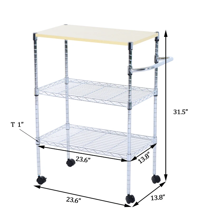 HomCom 32” Portable 3 Tier Rolling Kitchen Cart With 2 Wire Storage Shelves