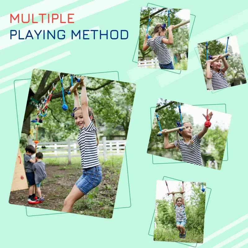 Outsunny 46' Ninja Warrior Obstacle Course, Slackline Monkey Bar & Climbing Rope for Kids with Gymnastic Rings, Swing, Climb Rope, and Travel Bag