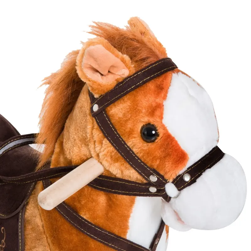 Qaba Kids Plush Toy Rocking Horse, Wooden Ride-on Chair, Plush Animal Rocker with Realistic Sounds and Moving Tail for Toddlers, Brown